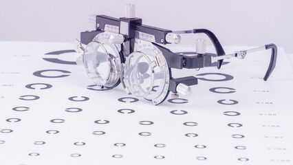 A pair of eyeglasses sits on a white background with a circle pattern. The eyeglasses are black and...