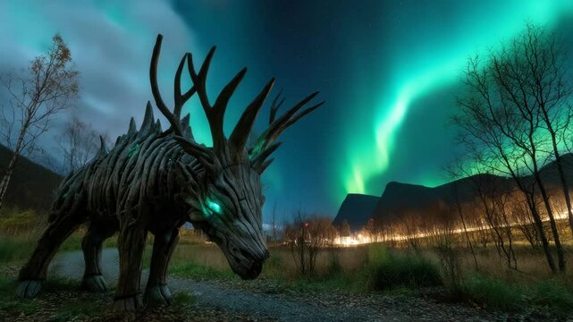 A wooden movable statue of a deer with large antlers and glowing blue eyes, standing on a grassy area under a night sky with bright northern lights