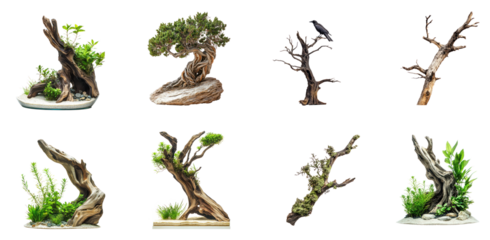 Collection of snags along the trail are covered in a fine layer of moss, giving them an ancient, weathered look. full length isolate on transparent background