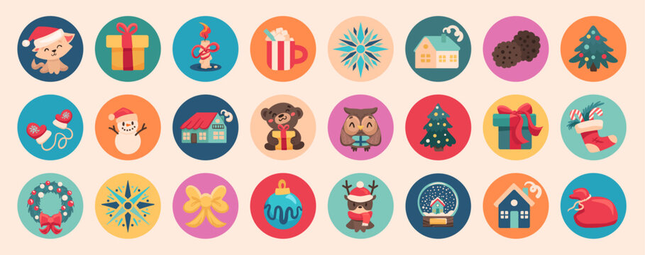 Round Christmas stickers in kids style. Merry Christmas and Happy New Year. Vector illustration, childlike labels with cute characters and elements
