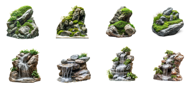 Collection of Moss-covered rocks, adding depth and texture to the fish tank, like an ancient riverbed. full length isolate on transparent background