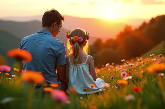 image shows father daughter sitting field flowers sunset father wearing blue shirt daughter wearing wh