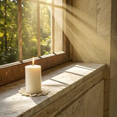 Lit candle on window sill with sunbeams