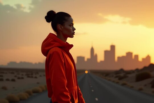 image shows woman orange hoodie standing side road surrounded plants either side background bui