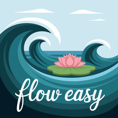 Serene Ocean Waves Pink Lotus Flower Peaceful Water Nature Scene Tranquil Blue Green Design Illustration Graphic Art Digital Painting Summer Calmness Relaxation Wellbeing Yoga Meditation Spiritual    
