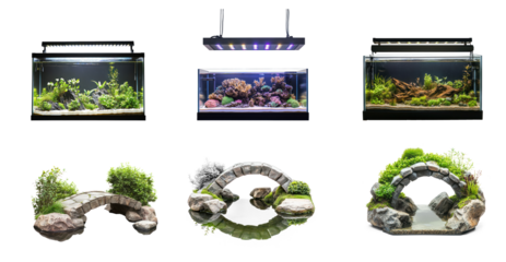 Collection of glowing LED light fixture, illuminating the tank and highlighting the decor elements. full length isolate on transparent background