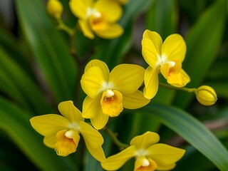 Obraz premium Bright Yellow Spathoglottis Orchids in Lush Greenery
