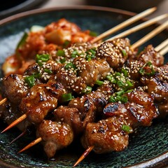 Delicious Asian Pork Skewers glistening with savory glaze sesame seeds and fresh green onions