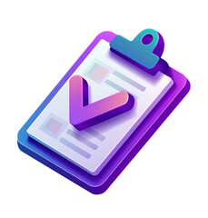 3D icon of a checkmark on a clipboard, against a white background with a purple and blue color scheme.