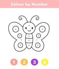 Color By Number Activity for Kids. Counting Game for Kindergarten and Preschool. Coloring Page for Children. Fun Activity Worksheet with Cute Butterfly Illustration.