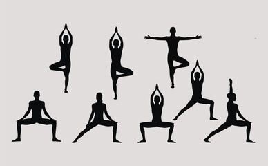 Fototapeta premium Silhouette Showcase Various Yoga Poses for Wellness and Strength on a Neutral Background, Promoting Flexibility and Balance