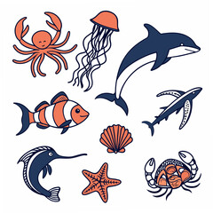 set of marine animals