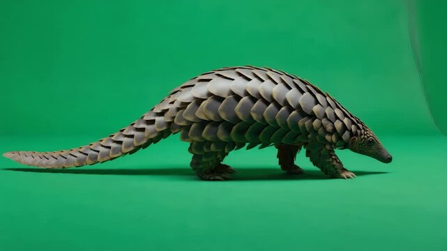 Unique pangolin moves gracefully across a vibrant green background showcasing its distinct scales and features, green matte video, green screen