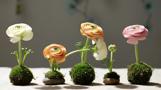 Pastel Buttercup Blooms Arranged Gracefully on Mossy Spheres a Botanical Still Life with Soft Lighting