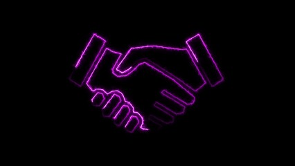 Neon handshake icon on black background representing agreement and partnership conceptual design for business and collaboration
