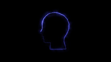 Neon blue outline of a human head in profile against a dark black backdrop conceptualizing thought intelligence and modern psychology.
