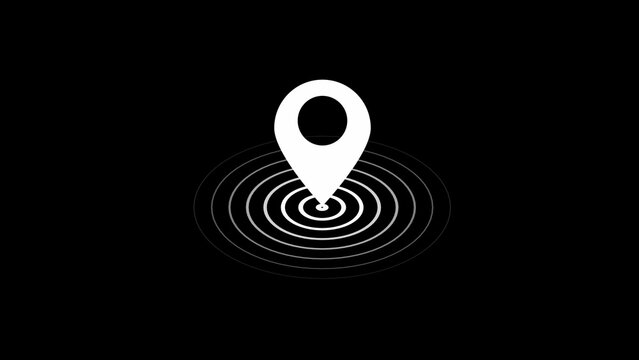 Minimalist white location pin symbol in a concentrated focus circle pattern over black background representing the concept of gps and precise pinpoint location.