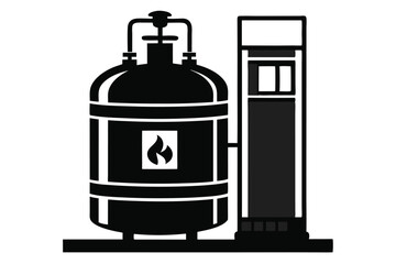 Black Silhouette Illustration of a Gas Tank and Industrial Equipment with Flame Symbol