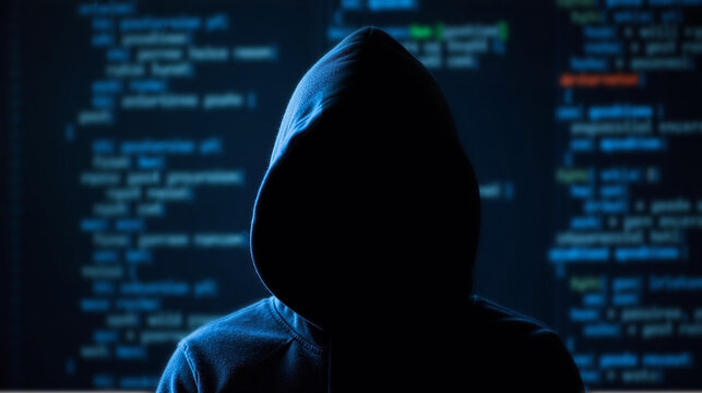 A person in a hooded sweatshirt is silhouetted against a dark background of code.