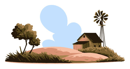 Rustic Cartoon Farm Scene with House, Windmill, and Trees on Rolling Hills