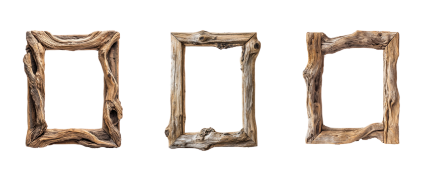 Collection of driftwood frame, rustic and timeless, holding a cherished photo. full length isolate on transparent background
