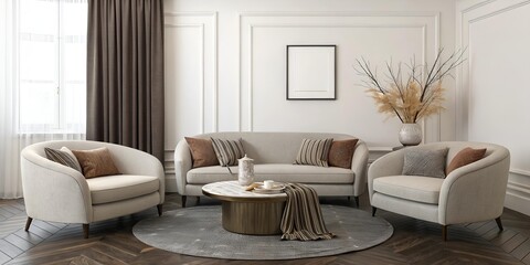 Fototapeta premium Elegant Living Room Interior Design Featuring Neutral Upholstery Modern Sofa Armchairs and Coffee Table