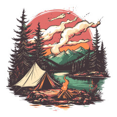 Serene Camping Scene by Lake with Tent, Fire, Trees, Mountains and Sunset