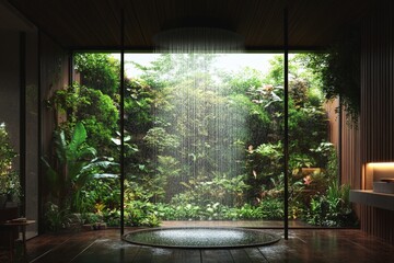 Lush indoor oasis features a shower surrounded by thriving greenery and natural light in a serene setting