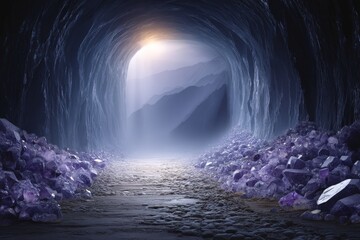 Explore the mystical cave revealing stunning purple crystals and light in a serene underground setting