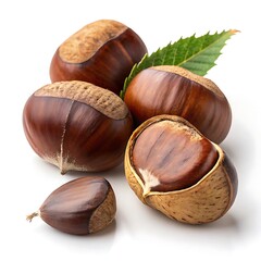 Obraz premium Sweet chestnuts with leaf isolated on white background