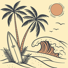 Surfboard leaning against palm trees on beach with ocean wave