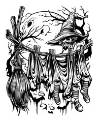 Creepy Halloween Scene with Scarecrow, Broom, and Moonlit Background