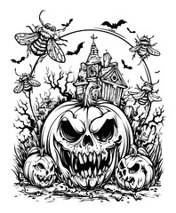 Dark and Creepy Hand-Drawn Pumpkin With Haunted House and Bats