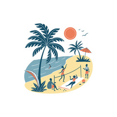 Obraz premium Tropical beach scene: friends enjoying volleyball, sunbathing, and swimming