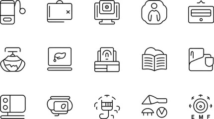 Line icon set collection featuring miscellaneous electronics and everyday objects in black and white