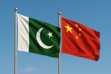 National flags of Pakistan and China waving side by side against a bright blue sky, symbolizing diplomatic and bilateral relations.