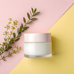 Pink and yellow background with cream jar and greenery