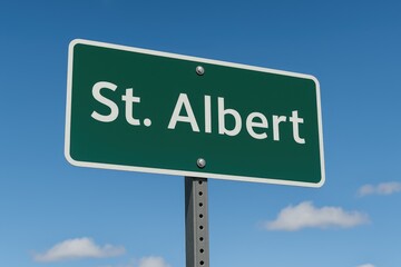 Green highway sign displaying "St. Albert" in white text, set against a clear blue sky with a few scattered clouds.
