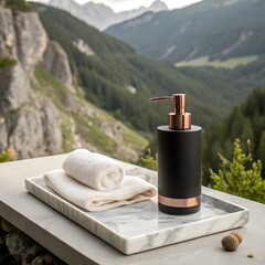 Luxury soap dispenser and towels on marble tray with mountain view