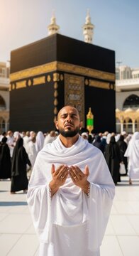 Young adult muslim man praying in front of kaaba during pilgrimage in mecca
