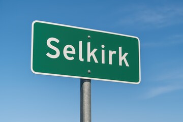 Green road sign displaying "Selkirk" in white letters, set against a bright blue sky with wispy clouds, indicating town entry.