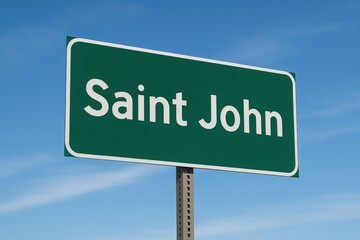 Green road sign displaying "Saint John" in white letters, set against a blue sky with light cloud streaks, marking city entry.