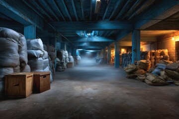 Shadows and textures fill a vast warehouse space with stacked bags around wooden crates at twilight