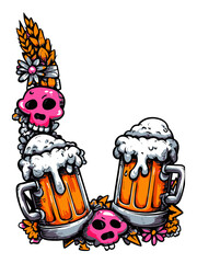 Vibrant Cartoon Illustration of Beer Mugs and Skulls with Flowers