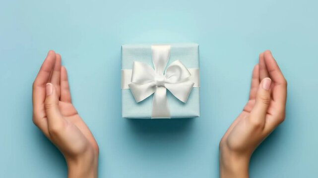 Woman hands holding a light blue gift box with a white bow on a blue background. Holiday surprise for event footage.