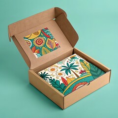 Open cardboard box with tropical patterned product