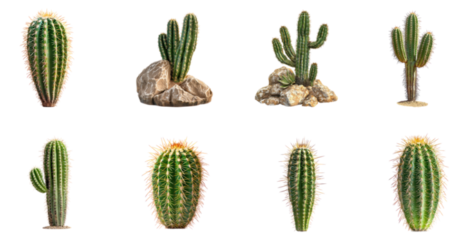 Collection of cactus symbol of resilience in dry, barren lands. full length isolate on transparent background