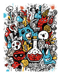 Colorful Doodle Art with Monsters, Potion, Elements, and Whimsical Characters