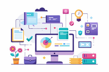 Flat Design Illustration of Teamwork Across Digital Devices – Computer, Tablet, Smartphone Collaboration Concept