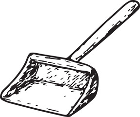 A black-and-white sketch of a dustpan with a wide, shallow design, perfect for sweeping debris, ideal for household, janitorial, and cleaning-themed illustrations